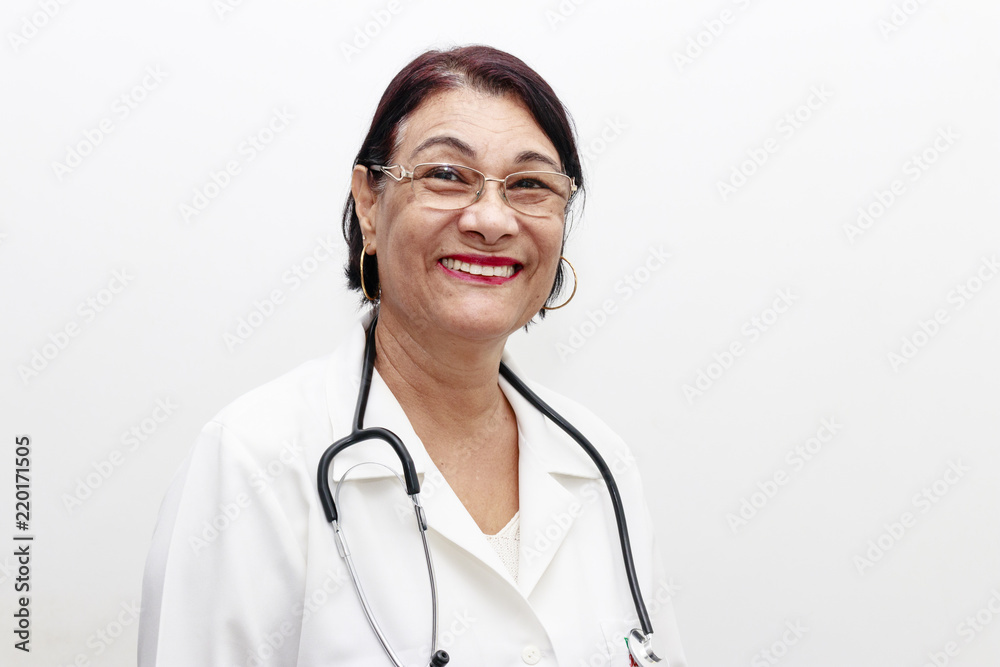 Portrait of senior Brazilian woman doctor with stethoscope Portrait of senior Brazilian woman doctor with stethoscope