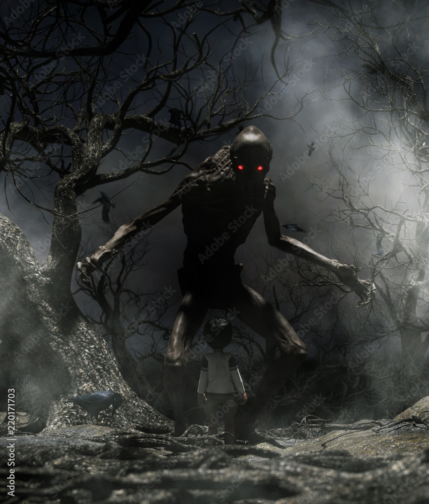 Nightmare with bogeyman,Boy enter to the haunted forest in his dream