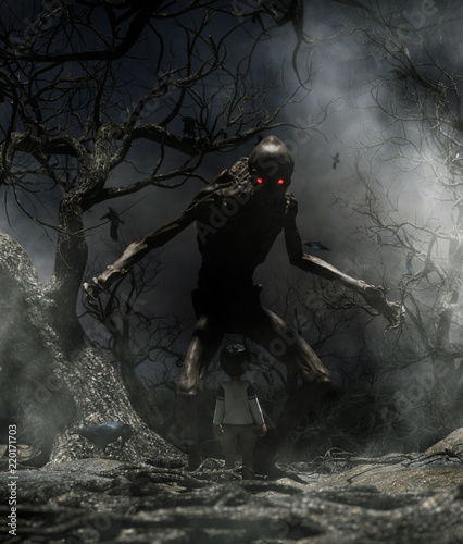 Obraz na plátně Nightmare with bogeyman,Boy enter to the haunted forest in his dream and discove