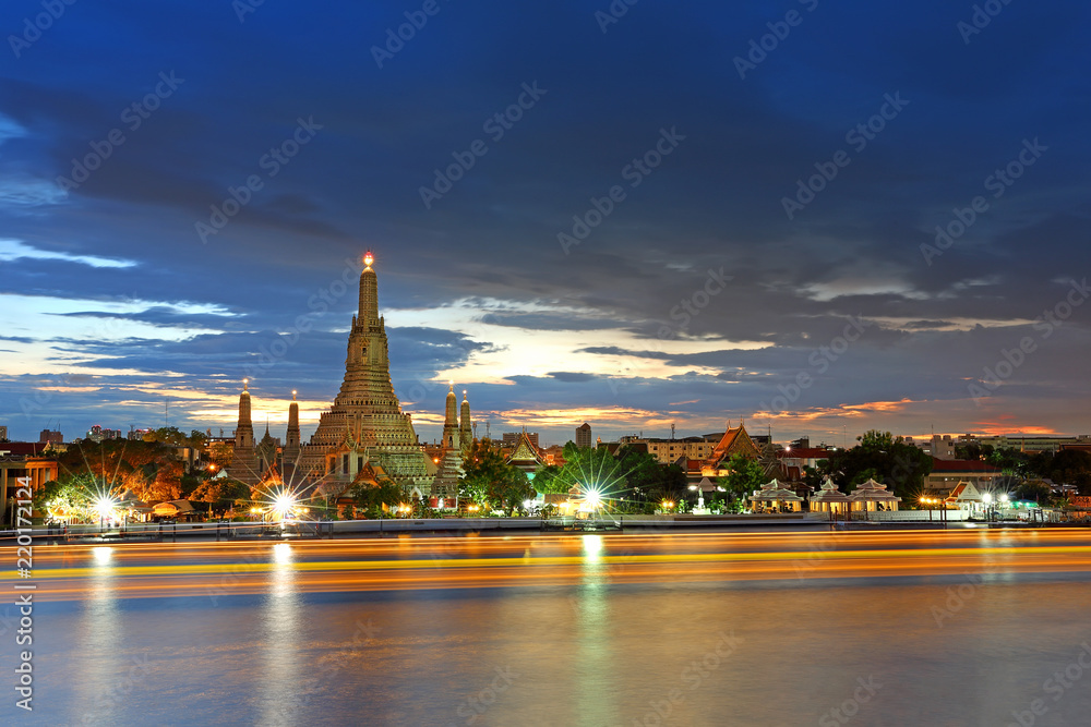 Beautiful night of Wat Arun Buddhist religious places in twilight time, Bangkok of Thailand