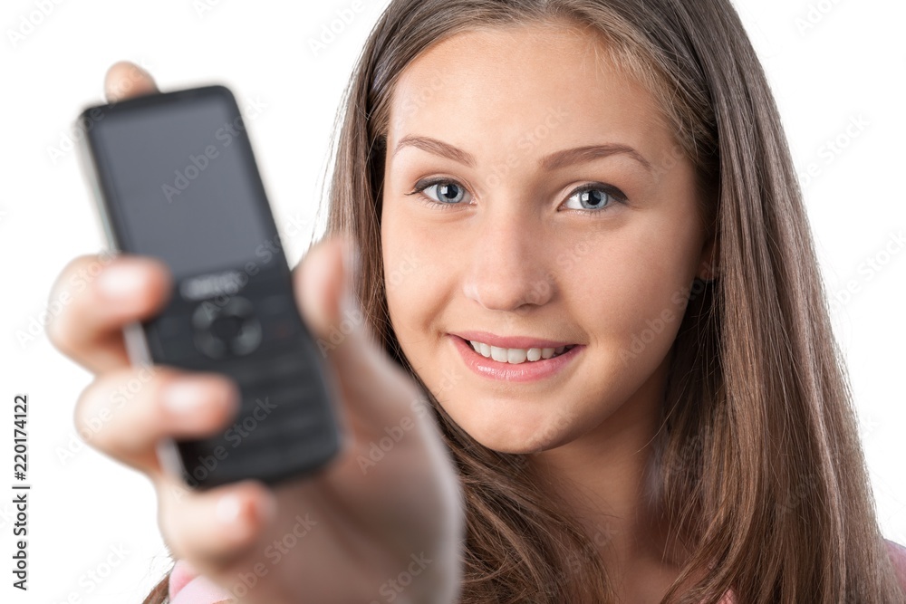 Close-up portrait of young woman with phone isolated on white Close-up portrait of young woman with phone isolated on white