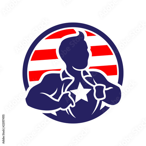 Super hero patriot man opening his shirt