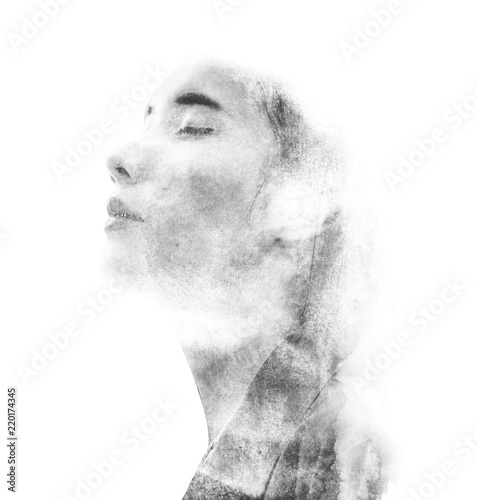 blending double exposure woman with watercolor style black and white