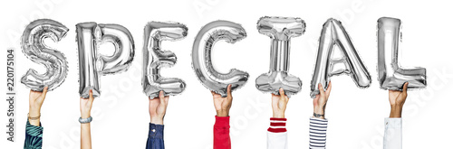 Silver gray alphabet balloons forming the word special photo