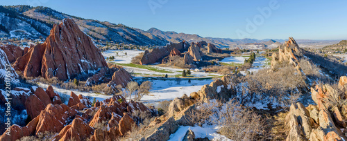 Fountain Valley at Roxborough State Park  - A panoramic winter view of red sandstone fountain formations at Fountain Valley, in Roxborough State Park, Southwest of Denver, Colorado, USA. photo