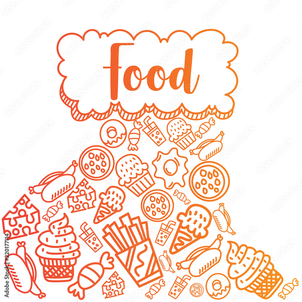 gradient color food doodle illustration on white background