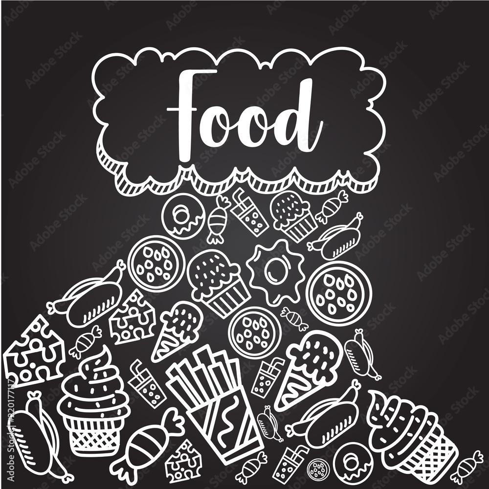 food doodle illustration on black background Stock Vector | Adobe Stock