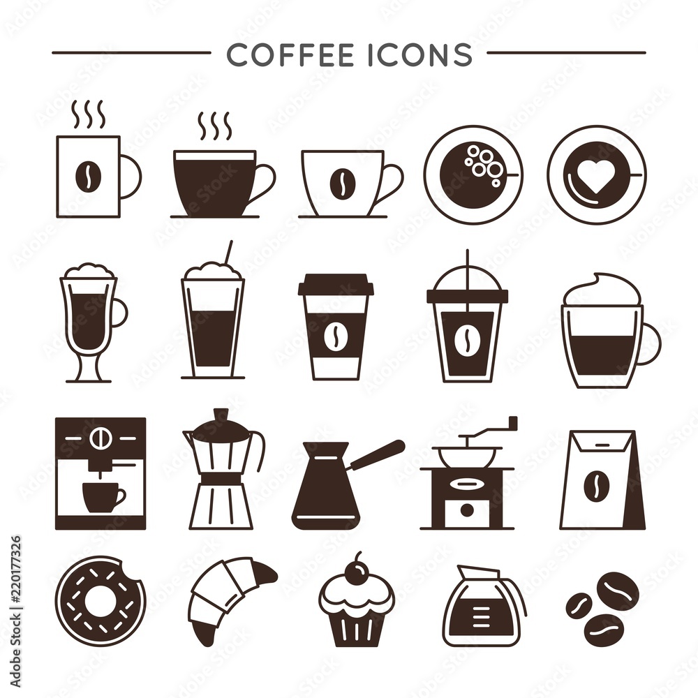 Coffee icon set in thin line style. Cafe and restaurant corporate identity design elements. Coffee maker or coffee shop vector pictograms. Hot drinks signs collection isolated on white background Coffee icon set in thin line style. Cafe and restaurant corporate identity design elements. Coffee maker or coffee shop vector pictograms. Hot drinks signs collection isolated on white background