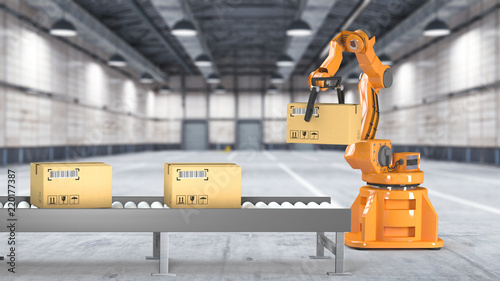 Carton boxes set and special transportation robot and hydraulic machine with mechanic arm using for packing, isolated on white  illustration