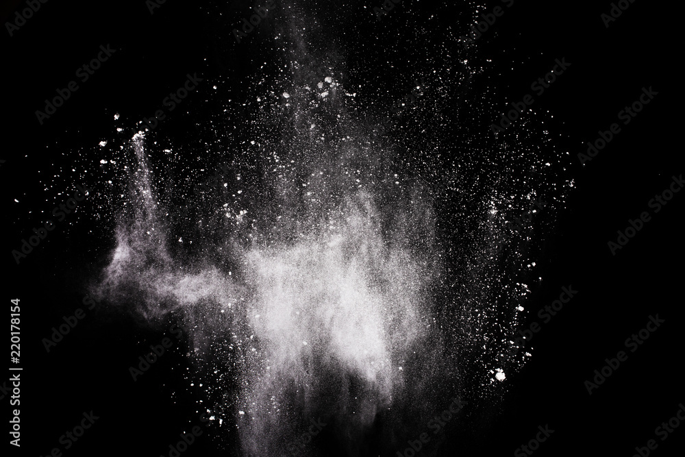 Obraz premium White powder explosion on white background. Colored cloud. Colorful dust explode. Paint Holi.