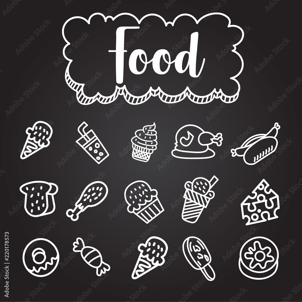 food doodle illustration on black background