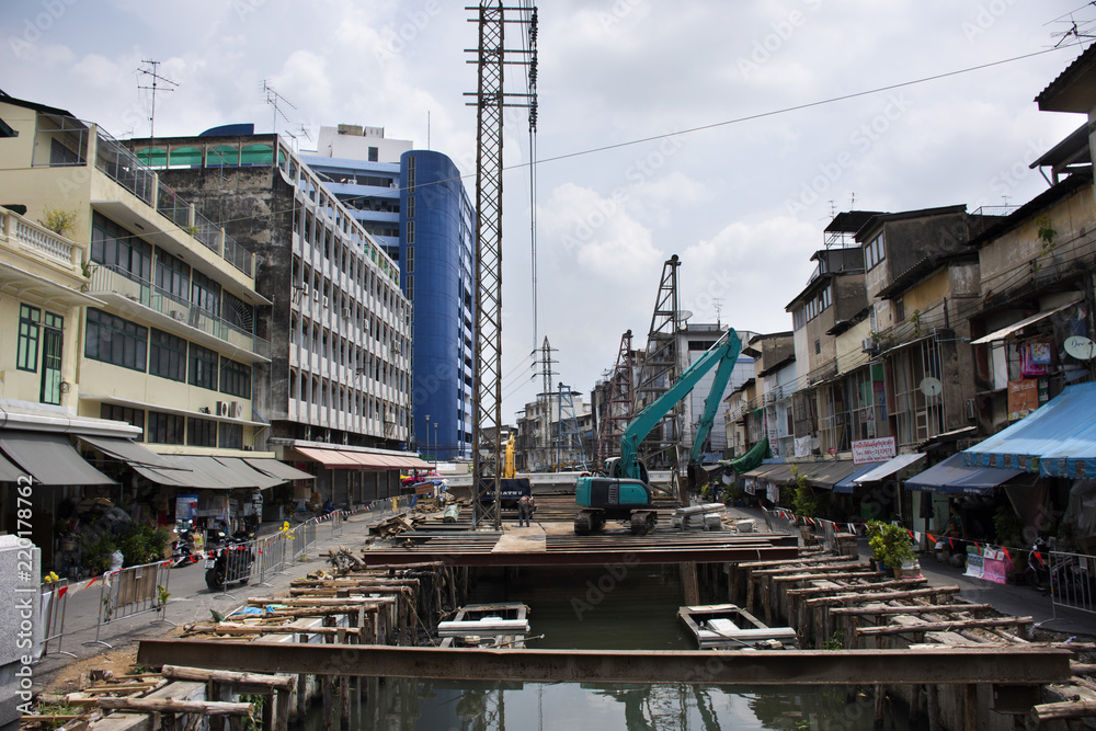 Construction site on Khlong Ong Ang canal at Saphan Han bridge of Samphanthawong district in Bangkok, Thailand