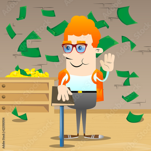 Schoolboy raising his hand and put the other on a holy book. Vector cartoon character illustration.