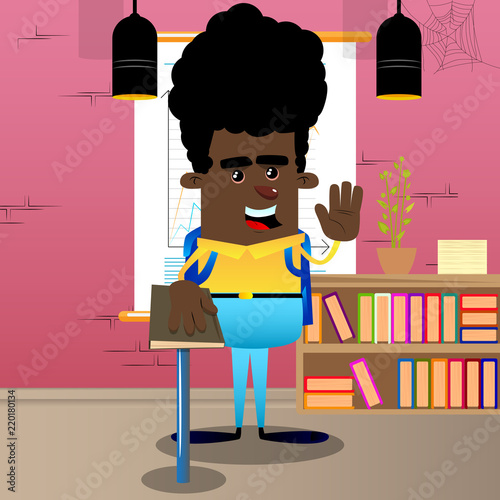 Schoolboy raising his hand and put the other on a holy book. Vector cartoon character illustration.