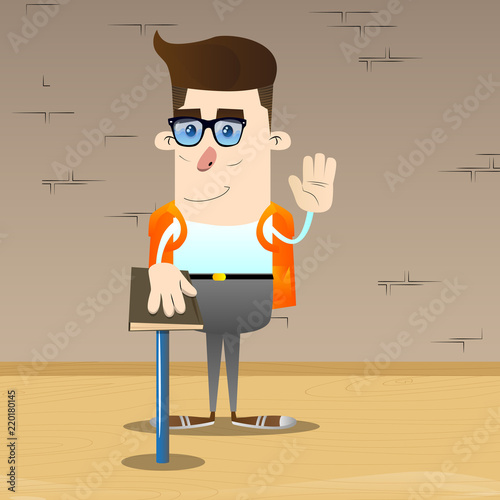 Schoolboy raising his hand and put the other on a holy book. Vector cartoon character illustration.