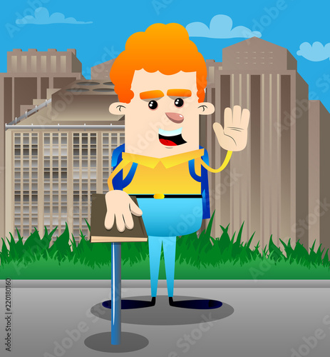 Schoolboy raising his hand and put the other on a holy book. Vector cartoon character illustration.