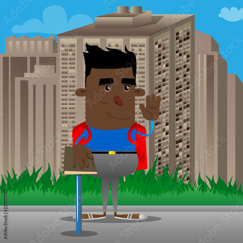 Schoolboy raising his hand and put the other on a holy book. Vector cartoon character illustration.