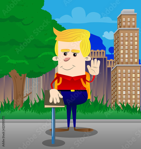Schoolboy raising his hand and put the other on a holy book. Vector cartoon character illustration.