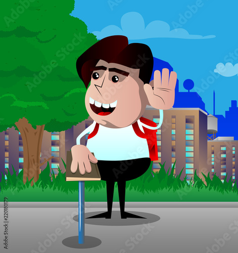 Schoolboy raising his hand and put the other on a holy book. Vector cartoon character illustration.