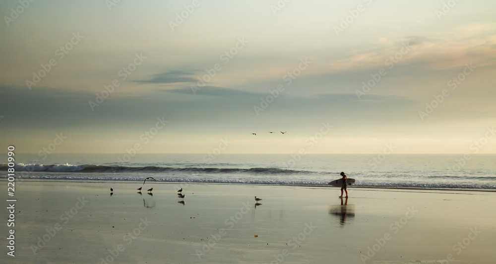 Lone surfer on California beach