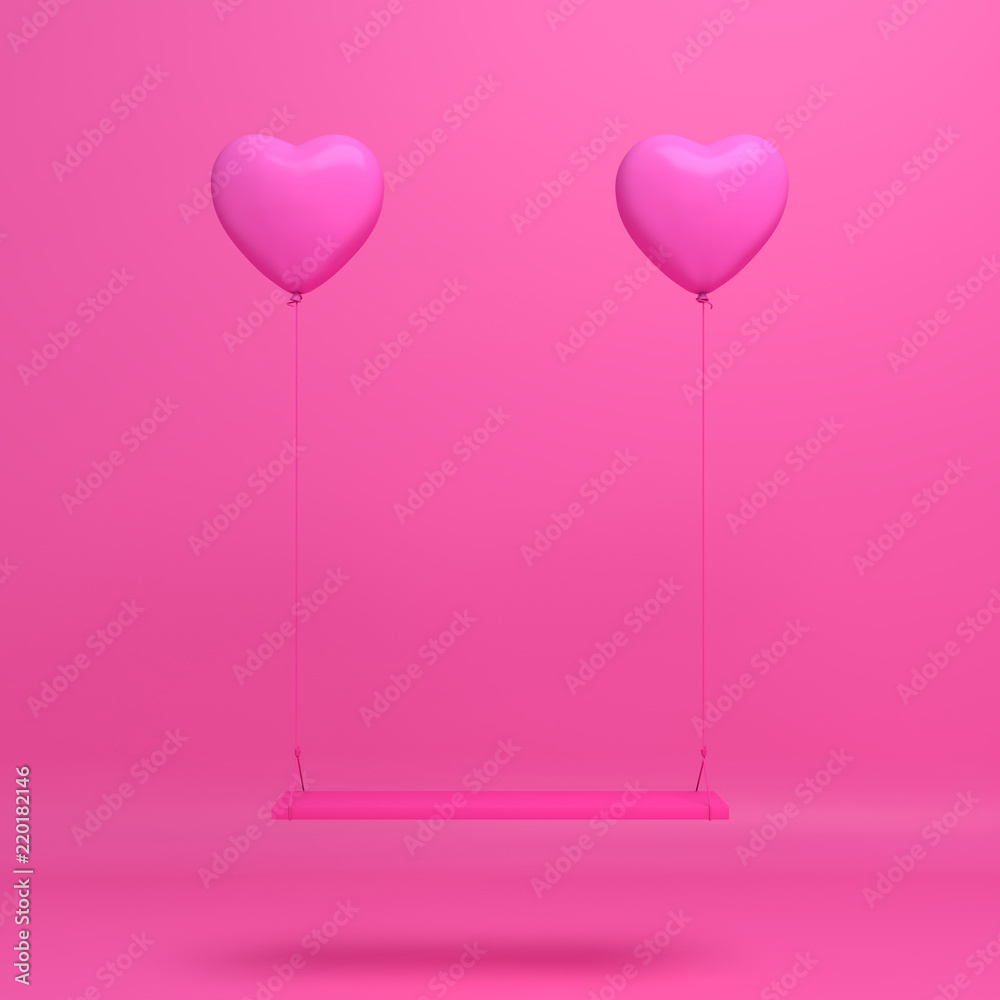 Swing heart shape pink balloons, Design creative concept for  happy birthday, valentine or love. 3D rendering illustration.