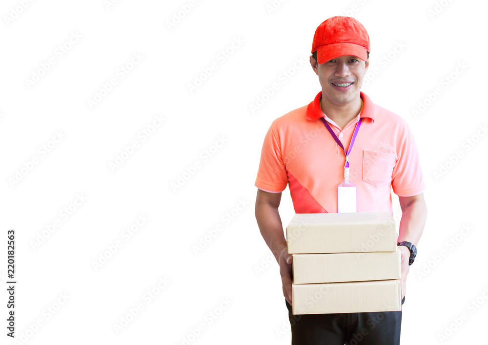happy asia young delivery man in red cap standing with parcel post box isolated happy asia young delivery man in red cap standing with parcel post box isolated