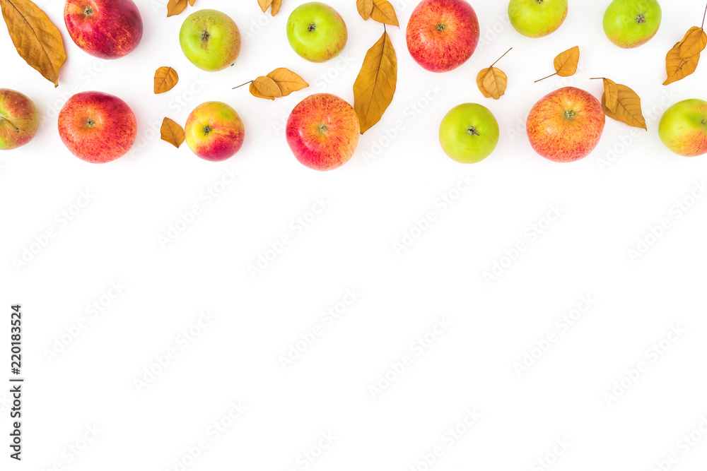 Frame of autumn fall leaves and apples fruit on white background. Flat lay, top view, copy space Frame of autumn fall leaves and apples fruit on white background. Flat lay, top view, copy space