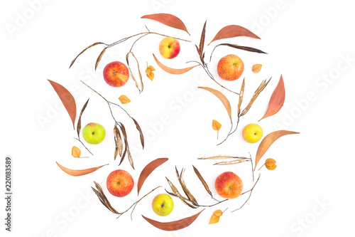 Thanksgiving composition of frame with fall dried leaves and apple fruits on white background. Flat lay  top view.