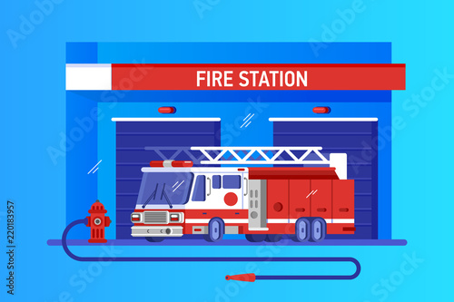 Fire station with truck. Rapid response service