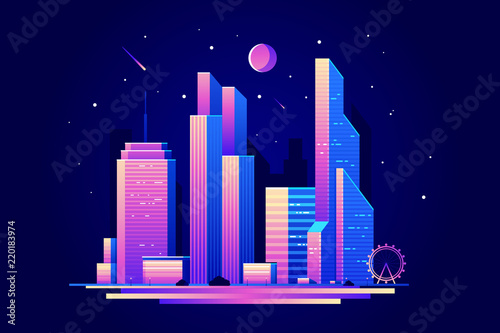Landscape of night city with skyscrapers buildings