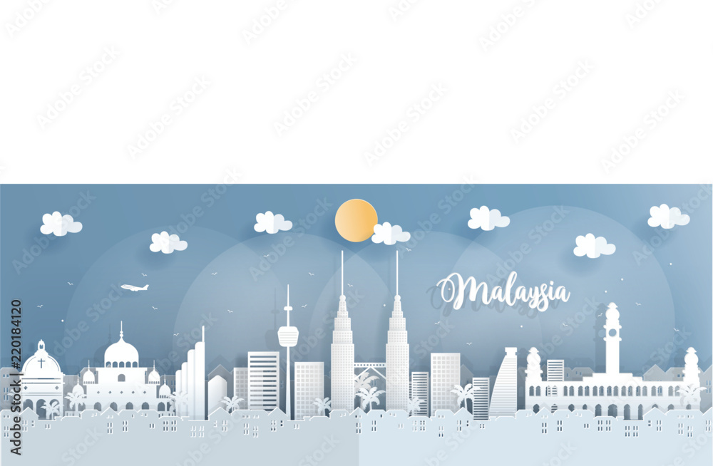 Panorama travel postcard of world famous landmarks of Malaysia in paper cut style vector illustration