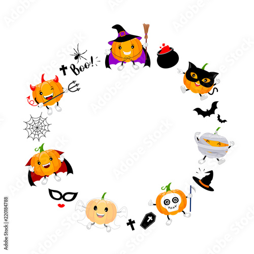 Halloween elements in circle shape with pumpkin character design. Illustration isolated on white background. For poster, banner, greeting card, invitation.