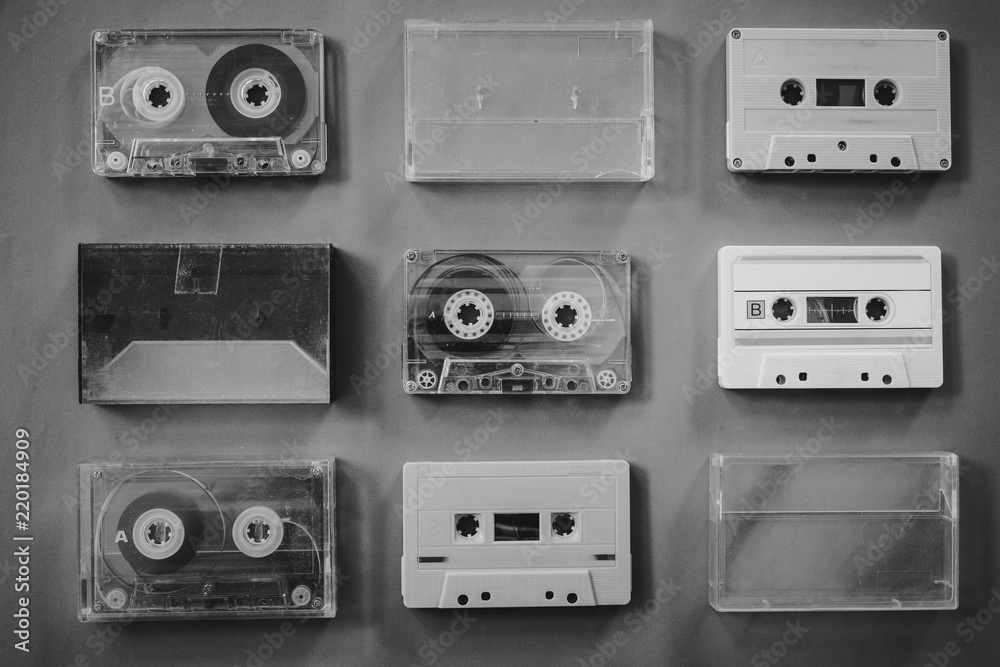 callection of vintage tape cassette recorder. black and white colour