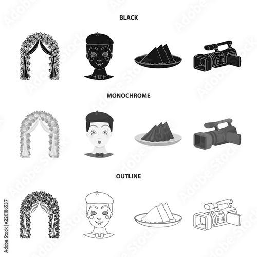 The arch is decorated with roses and silk, a clown in a cap, a plate with red napkins, a video camera. Event services set collection icons in black,monochrome,outline style vector symbol stock