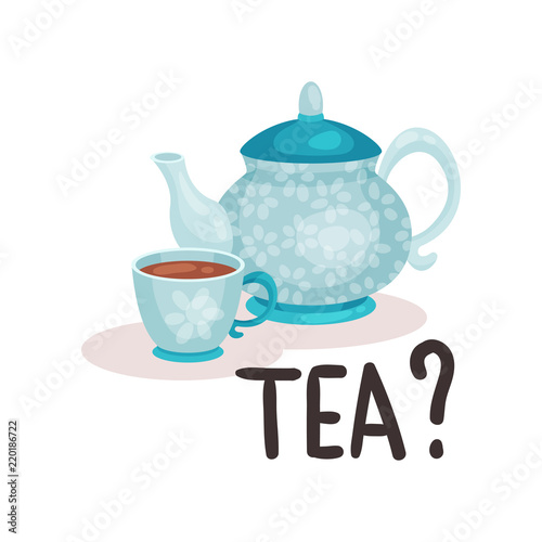 Blue porcelain teapot and cup with fresh tea. Traditional British beverage. Isolated flat vector design
