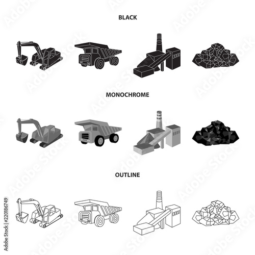 Excavator, dumper, processing plant, minerals and ore.Mining industry set collection icons in black,monochrome,outline style vector symbol stock illustration web.
