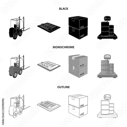 Forklift, delivery slips, packaged goods, cargo on weighing scales. Logistics and delivery set collection icons in black,monochrome,outline style isometric vector symbol stock illustration web.