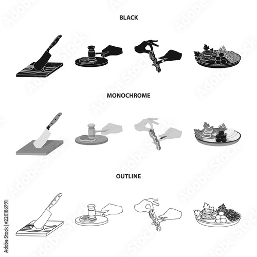 Cutlass on a cutting board, hammer for chops, cooking bacon, eating fish and vegetables. Eating and cooking set collection icons in black,monochrome,outline style vector symbol stock illustration web.