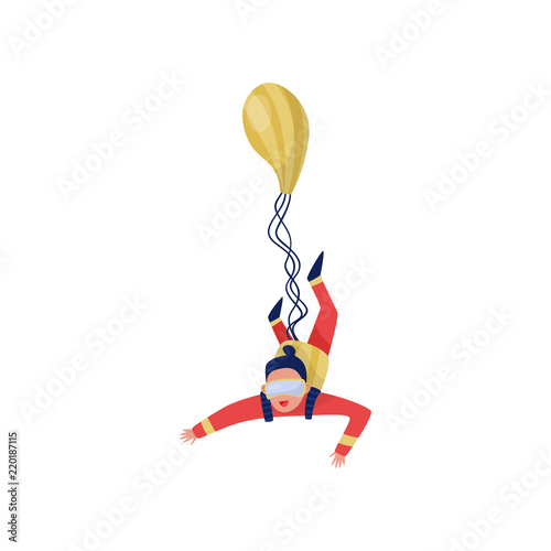 Young woman with parachute in flying action. Extreme leisure. Active sport. Skydiving theme. Flat vector design