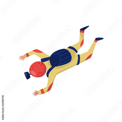 Professional skydiver in freefall. Man or woman with parachute pack and helmet with action camera. Extreme hobby. Flat vector design