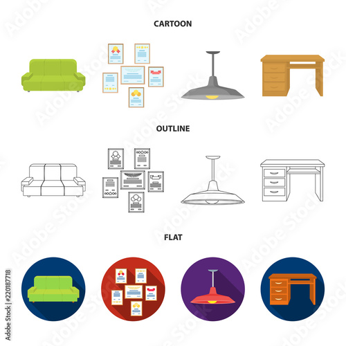 Comfortable sofa, letters and diplomas within the framework, an office ceiling lamp, a desk with drawers. Office Furniture set collection icons in cartoon,outline,flat style vector symbol stock