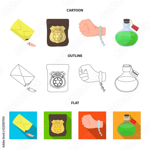 The detective s badge, the handcuff on the criminal s hand, the stump of the finger in the bag, the flask with the poison. Crime and detective set collection icons in cartoon,outline,flat style vector