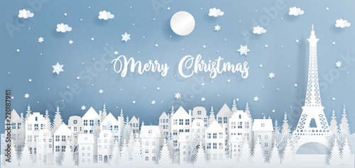 Christmas in Paris, France with panorama postcard of city and Eiffel tower, falling snow in paper cut style vector illustration.