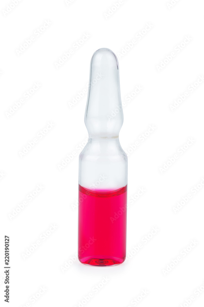 Transparent glass ampule with red liquid isolated on background Transparent glass ampule with red liquid isolated on background