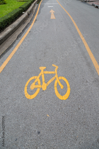 Bike lanes and yellow bike symbol, Bike alley in public park