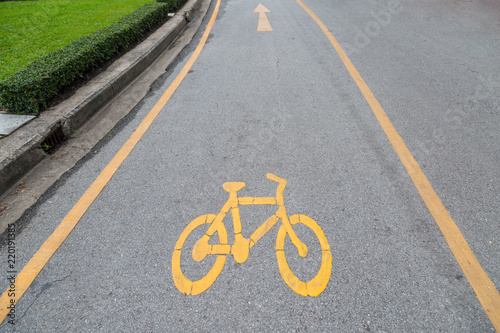 Bike lanes and yellow bike symbol, Bike alley in public park
