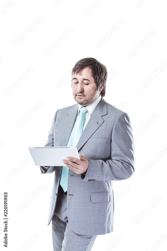 portrait of confident businessman with digital tablet on white background portrait of confident businessman with digital tablet on white background