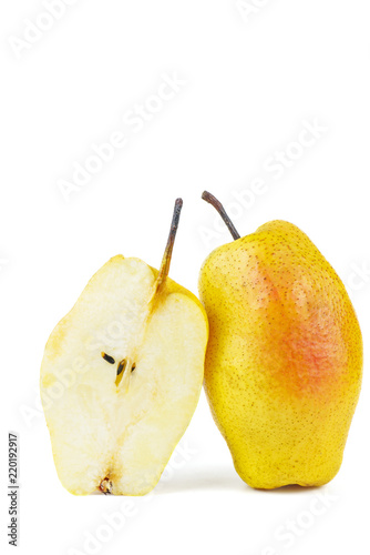 Whole and half of yellow-red pears isolated on white background