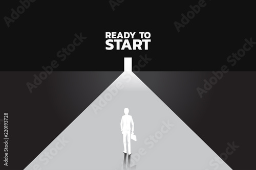 Silhouette of businessman with briefcase step forward to outside the door. Concept of people ready to start career and business. find the way out