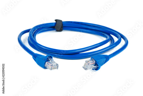 Blue ethernet (copper, RJ45) patchcord isolated on white background